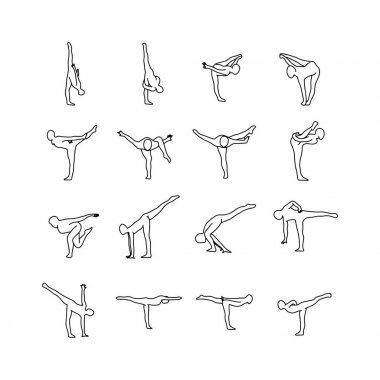 Yoga pozlar vektör çizim anahat kroki el izole beyaz arka plan üzerinde siyah çizgiler ile çekilmiş. 7 ayarla.