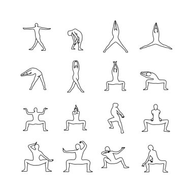 Yoga pozlar vektör çizim anahat kroki el izole beyaz arka plan üzerinde siyah çizgiler ile çekilmiş. 9 ayarla.