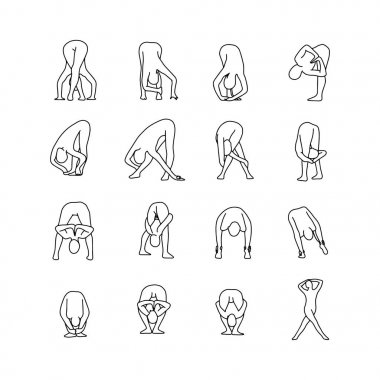 Yoga pozlar vektör çizim anahat kroki el izole beyaz arka plan üzerinde siyah çizgiler ile çekilmiş. 10 ayarlayın.