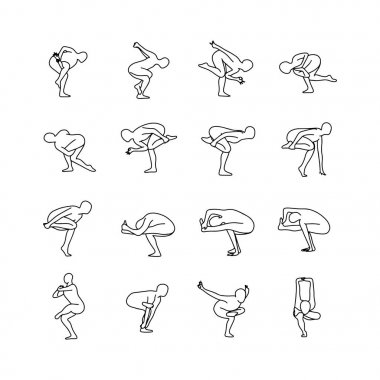 Yoga pozlar vektör çizim anahat kroki el izole beyaz arka plan üzerinde siyah çizgiler ile çekilmiş. 11 ayarla.