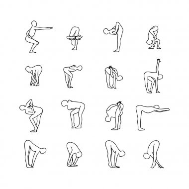 Yoga pozlar vektör çizim anahat kroki el izole beyaz arka plan üzerinde siyah çizgiler ile çekilmiş. 12 ayarla.