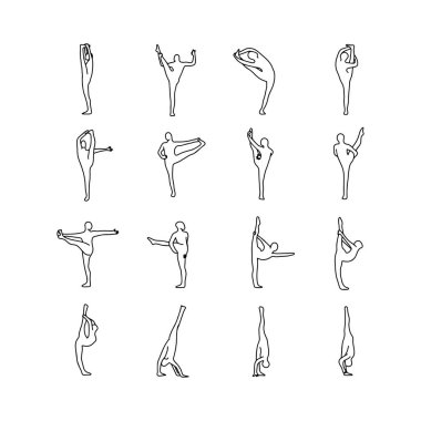 Yoga pozlar vektör çizim anahat kroki el izole beyaz arka plan üzerinde siyah çizgiler ile çekilmiş. 13 ayarla.