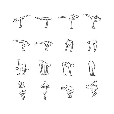 Yoga pozlar vektör çizim anahat kroki el izole beyaz arka plan üzerinde siyah çizgiler ile çekilmiş. 14 ayarla.