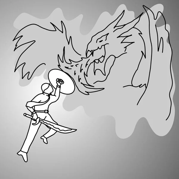 Empresário lutando contra um dragão vetor ilustração doodle esboço mão desenhada com linhas pretas isoladas em fundo cinza. Conceito de negócio de liderança . — Vetor de Stock