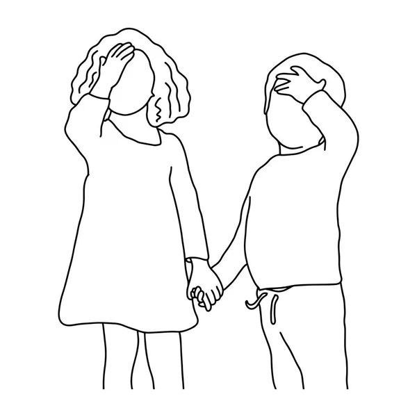Брат і сестра отримали головний біль Векторні ілюстрації Ескізна рука намальована чорними лініями ізольовані на білому тлі. медична та щаслива сімейна концепція . — стоковий вектор