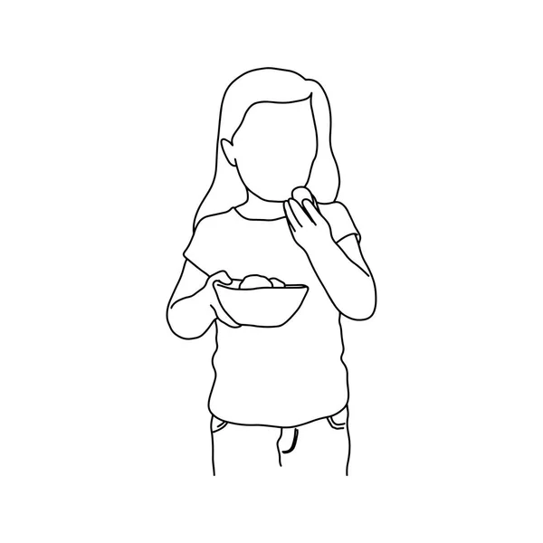 Lány élelmiszer gazdaság a tálat, a jobb oldali vektoros illusztráció szerkezeti vázlat kézzel rajzolt, fekete vonalakkal, elszigetelt fehér background — Stock Vector