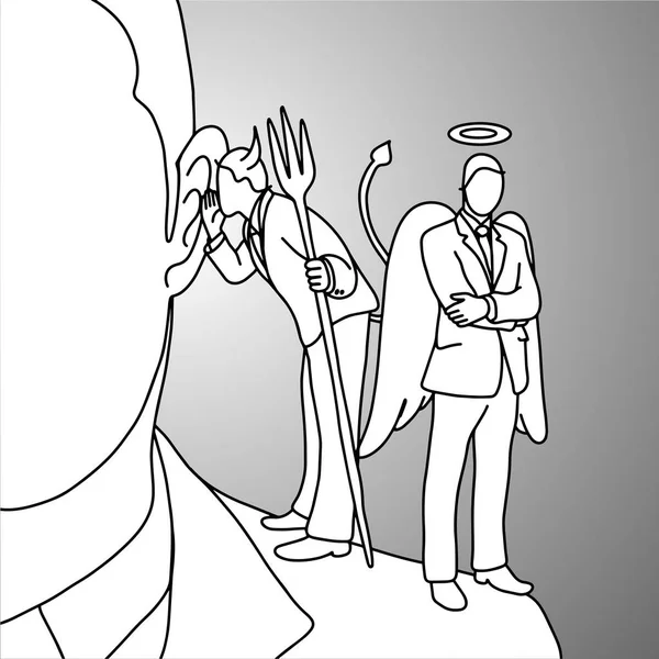 Ďábel, šeptání na ucho na podnikatel rameno vektorové ilustrace doodle skica ručně kreslenou s černými linkami izolované na šedém pozadí. Obchodní rozhodnutí koncept. — Stockový vektor
