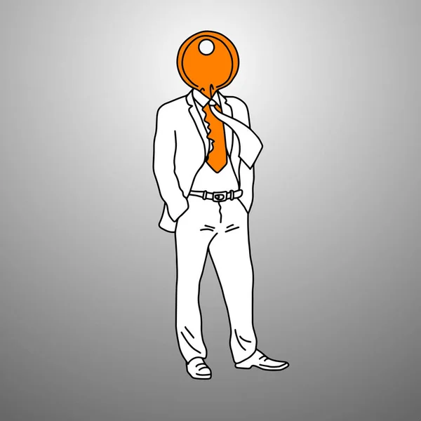 Geschäftsmann mit orangefarbenem Schlüssel auf seinem Kopf Vektor Illustration Doodle Skizze Hand gezeichnet mit schwarzen Linien isoliert auf grauem Hintergrund. Geschäftserfolgskonzept. — Stockvektor