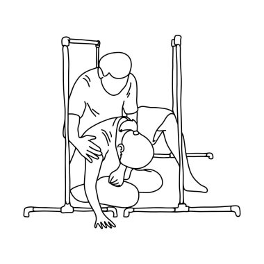 elle izole beyaz arka plan üzerinde siyah çizgilerle çizilmiş kroki kadın fizik tedavi vektör çizim anahat yardım etmeye çalışan adam