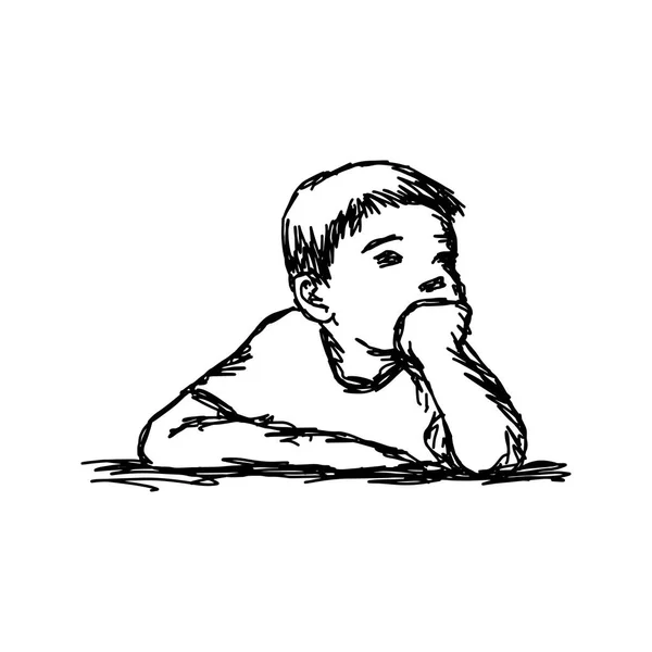 Ragazzo pensando con mentoniera a riposo vettore illustrazione schizzo disegnato a mano con linee nere isolate su sfondo bianco — Vettoriale Stock