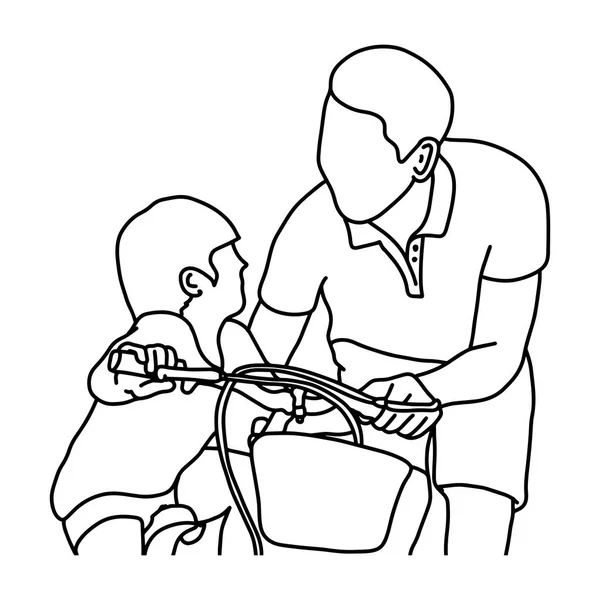 Niño aprendiendo a andar en bicicleta con su padre ilustración vectorial bosquejo dibujado a mano con líneas negras aisladas sobre fondo blanco — Vector de stock
