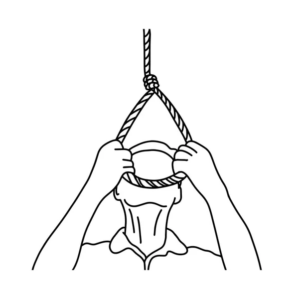 Hombre con pensamientos de suicidio vector ilustración esquema bosquejo mano dibujada con líneas negras aisladas sobre fondo blanco — Vector de stock