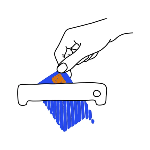 Mão segurando cartão de crédito azul na máquina trituradora vetor ilustração esboço esboço mão desenhada com linhas pretas isoladas no fundo branco — Vetor de Stock