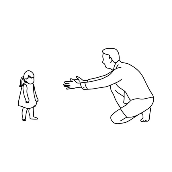 Pai tentando fazer sua filha andando por si mesma ilustração vetorial esboço mão esboço desenhado com linhas pretas isoladas sobre fundo branco. Conceito familiar . — Vetor de Stock