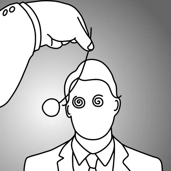 Uomo d'affari ipnotizzato con illustrazione vettoriale moneta schizzo scarabocchio disegnato a mano con linee nere isolate su sfondo grigio. Concetto aziendale . — Vettoriale Stock