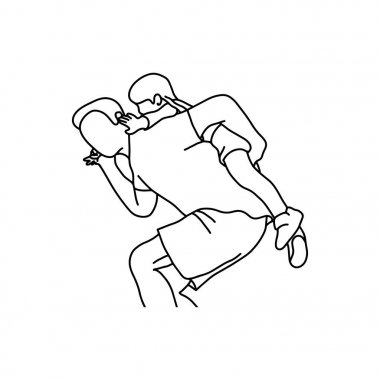 Baba ve oğul atçılık vektör çizim anahat oynarken elle izole beyaz arka plan üzerinde siyah çizgilerle çizilmiş kroki