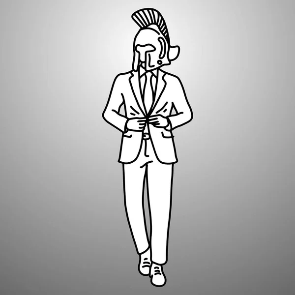 Biznesmen noszenia tradycyjnych wojownik kask wektor ilustracja doodle szkic ręcznie rysowane z czarne linie na białym tle na szarym tle. Koncepcja biznesowa konkurencji. — Wektor stockowy
