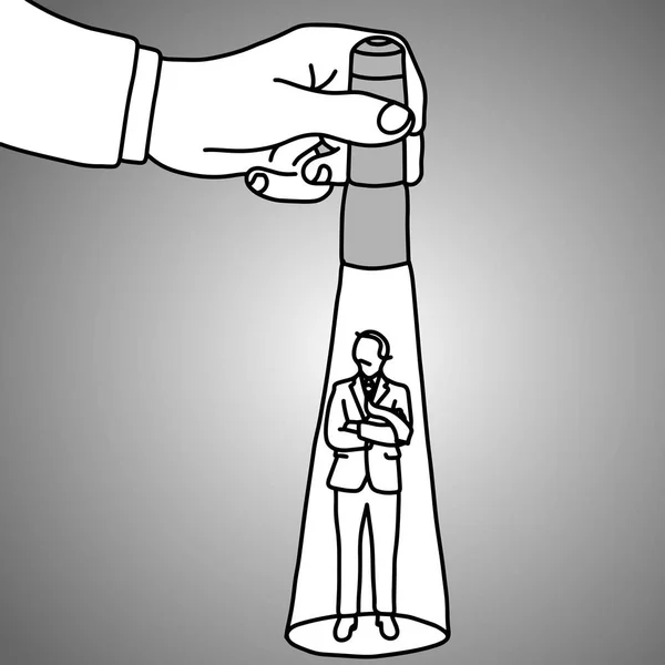 Hand hält eine Taschenlampe, die auf stehende Geschäftsmann Vektor Illustration Doodle Skizze Hand mit schwarzen Linien auf grauem Hintergrund isoliert gezeichnet. Geschäftskonzept. Im Rampenlicht. — Stockvektor