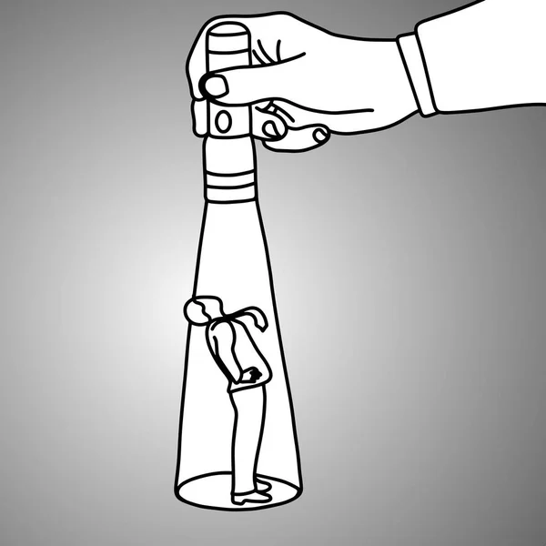Hand met een zaklamp wijzend op staande zakenman opzoeken van vector illustratie doodle schets hand getekend met zwarte lijnen geïsoleerd op een grijze achtergrond. Bedrijfsconcept. In de Spotlight. — Stockvector