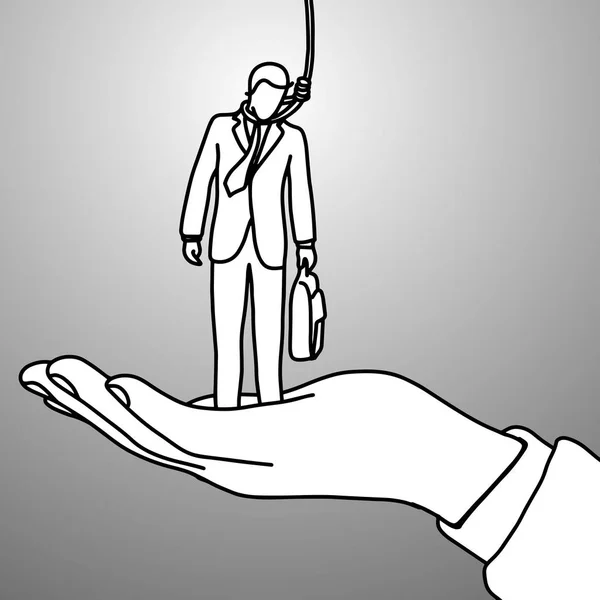 Grande mano destra aiutare uomo d'affari cercando di suicidio con corda vettore illustrazione schizzo schizzo mano disegnata con linee nere isolate su sfondo grigio. Concetto aziendale . — Vettoriale Stock