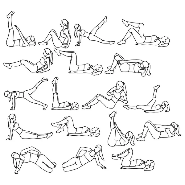 Set mujer haciendo ejercicios abdominales en la estera en gimnasio vector ilustración bosquejo bosquejo mano dibujada con líneas negras aisladas sobre fondo blanco — Vector de stock