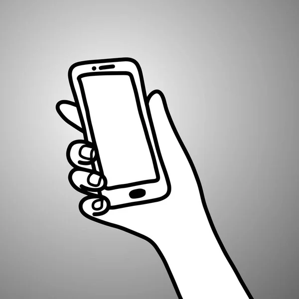 Mano di uomo d'affari in possesso di cellulare vettore illustrazione schizzo scarabocchio mano disegnata con linee nere isolate su sfondo grigio. Concetto aziendale . — Vettoriale Stock