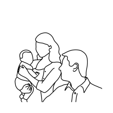 Baba Anne ve bebek illüstrasyon kroki elle izole beyaz arka plan üzerinde siyah çizgilerle çizilmiş vektör. aile kavramı.