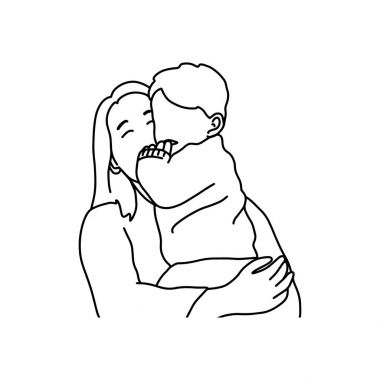 Beyaz arka plan üzerinde izole siyah çizgilerle çizilmiş bebek vektör illüstrasyon kroki elini tutarak anne. aile kavramı.