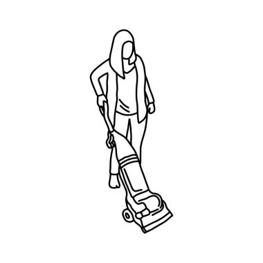 Bir elektrikli süpürge vektör çizim kullanan kadın elle izole beyaz arka plan üzerinde siyah çizgilerle çizilmiş kroki. 