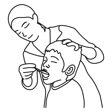 Annesi onun diş vektör çizim fırçalamayı küçük çocuk öğretim elle izole beyaz arka plan üzerinde siyah çizgilerle çizilmiş kroki. Sağlık kavramı.