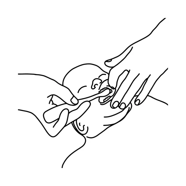 Madre tratando de cepillarse los dientes de bebé vector ilustración bosquejo mano dibujada con líneas negras, aislado sobre fondo blanco — Vector de stock