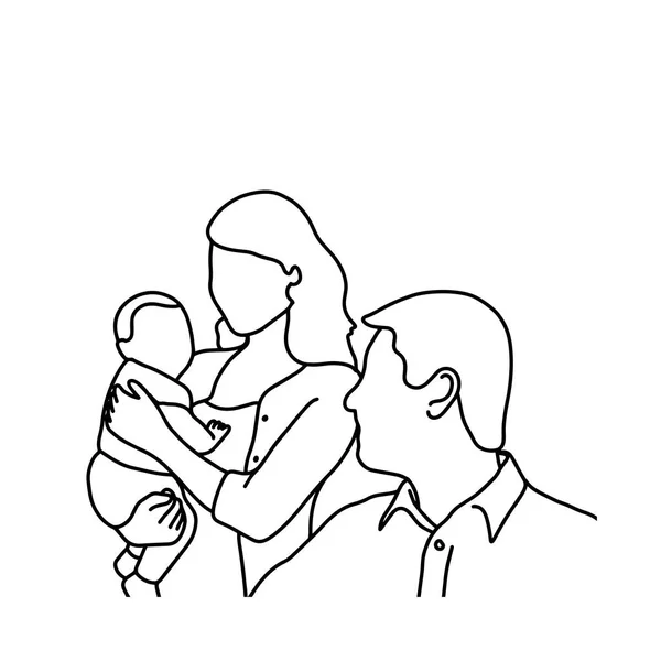 Vader moeder en baby vector illustratie schets hand getekend met zwarte lijnen, geïsoleerd op een witte achtergrond. familie concept. — Stockvector