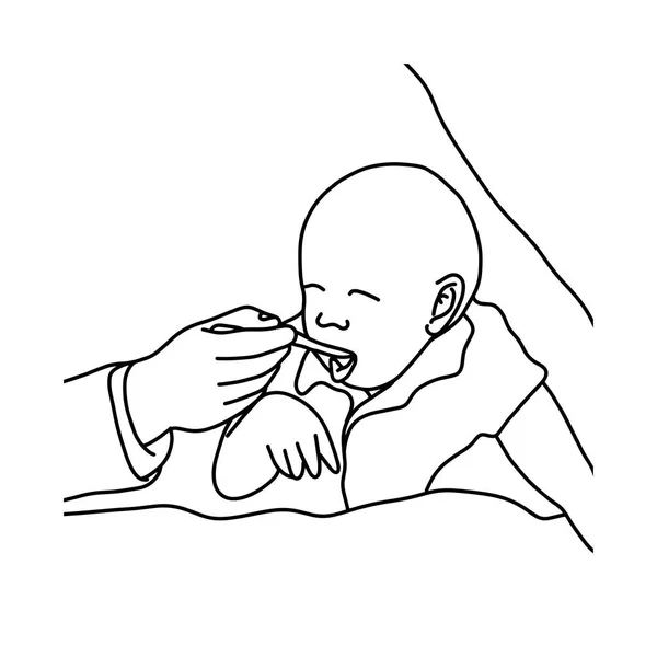 Close-up mãe ajudando dentes de bebê escovação vetor ilustração esboço mão desenhada com linhas pretas, isolado no fundo branco —  Vetores de Stock