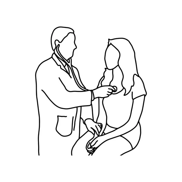 Médico examinando batimentos cardíacos de paciente em vetor hospitalar ilustração esboço mão desenhada com linhas pretas, isolado em fundo branco. Conceito médico . —  Vetores de Stock