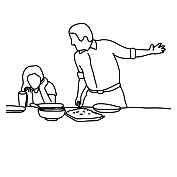 Manžel a manželka v hádce v kuchyni, než se s jídlem vektorové ilustrace skici ručně kreslenou s černými linkami, izolované na bílém pozadí — Stockový vektor