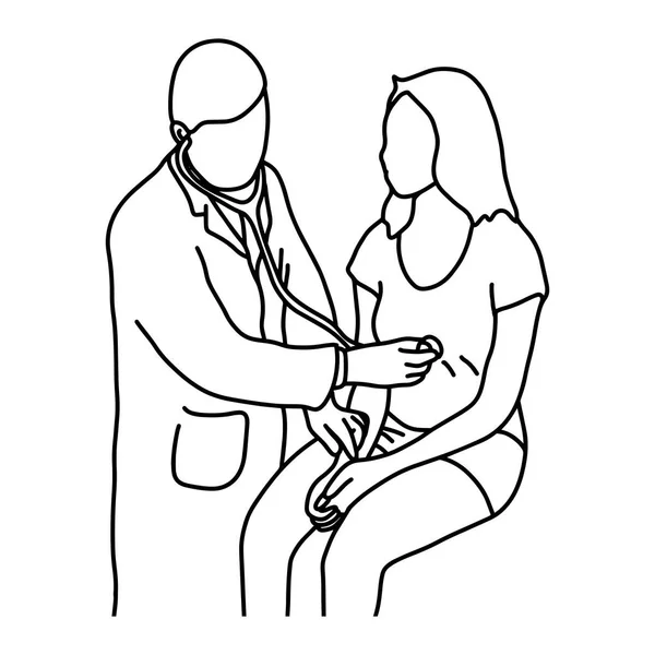 Médico masculino usando un estetoscopio para escuchar el estómago del paciente femenino ilustración vectorial bosquejo dibujado a mano con líneas negras, aislado sobre fondo blanco. Concepto médico . — Vector de stock