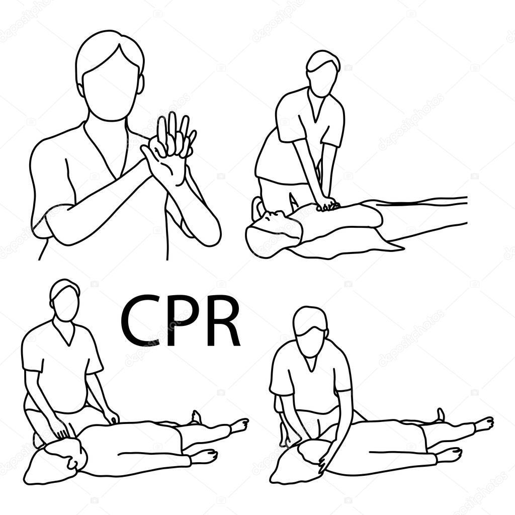 CPR demonstration first aid vector illustration sketch hand drawn with black lines, isolated on white background