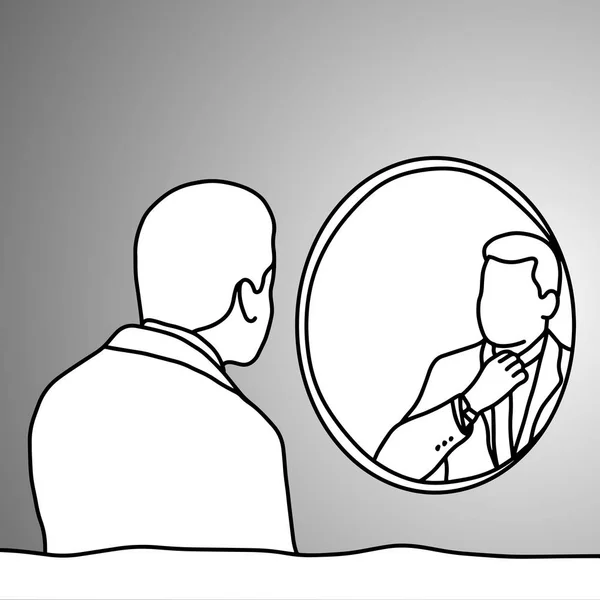 Empresario mirando espejo en baño vector ilustración garabato bosquejo mano dibujada con líneas negras aisladas sobre fondo gris. Concepto empresarial . — Archivo Imágenes Vectoriales