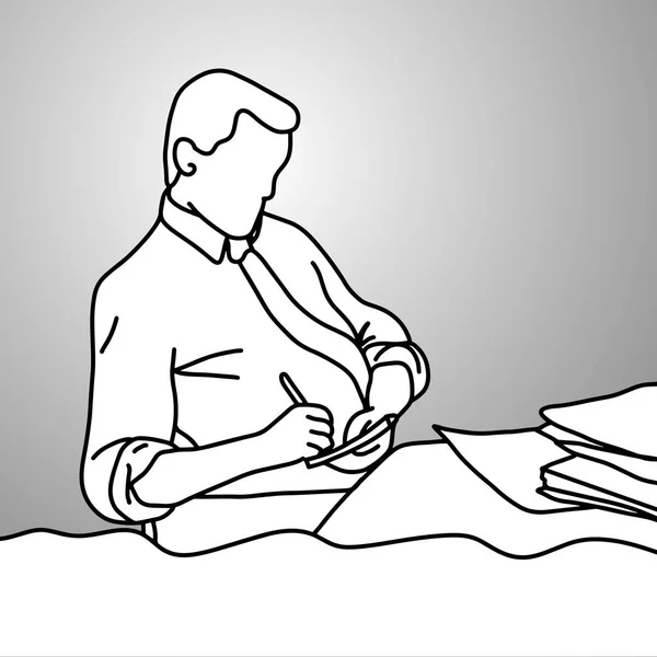 Uomo d'affari scrivere su carta sulla sua scrivania vettore illustrazione schizzo scarabocchio disegnato a mano con linee nere isolate su sfondo grigio. Concetto aziendale . — Vettoriale Stock
