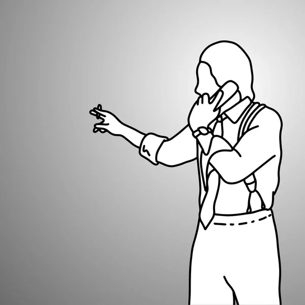 Biznesmen stojący sobie szelki lub nawiasy klamrowe z papierosa na prawej ręce przy użyciu retro telefon wektor ilustracja doodle szkic ręcznie rysowane z czarne linie na białym tle na szarym tle. Koncepcja biznesowa. — Wektor stockowy