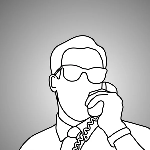 Primo piano uomo d'affari con occhiali utilizzando retrò telefono vettore illustrazione schizzo scarabocchio disegnato a mano con linee nere isolate su sfondo grigio. Concetto aziendale . — Vettoriale Stock