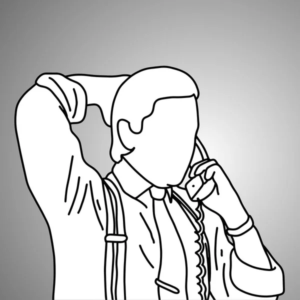 Geschäftsmann legte die Hand auf seinen Kopf zurück, während Schreibtisch Telefon Vektor Illustration Doodle Skizze Hand mit schwarzen Linien isoliert auf grauem Hintergrund gezeichnet. Geschäftskonzept. — Stockvektor