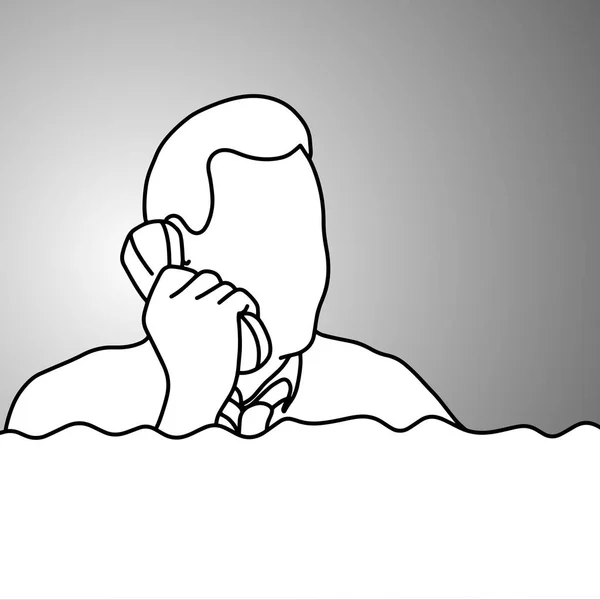 Hombre de negocios utilizando el teléfono de escritorio con su mano derecha vector ilustración garabato bosquejo mano dibujada con líneas negras aisladas sobre fondo gris. Concepto empresarial . — Vector de stock