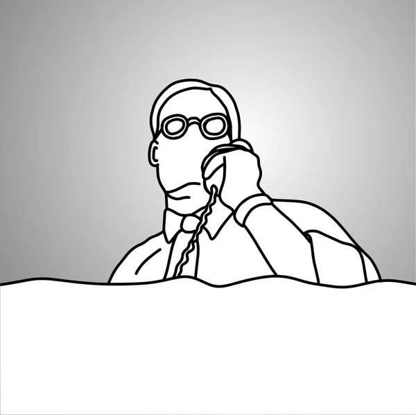 Närbild affärsman med glasögon med skrivbord telefon vektor illustration doodle skiss hand dras med svarta linjer isolerade på grå bakgrund. Affärsidé. — Stock vektor