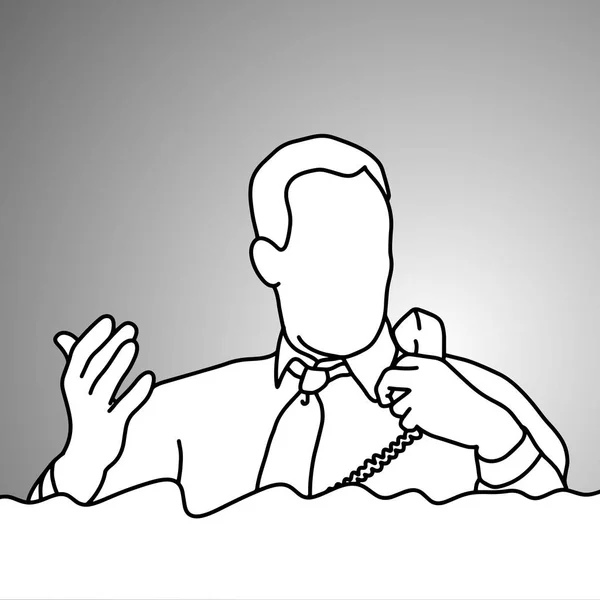Empresario sosteniendo teléfono de escritorio durante un tiempo ilustración vectorial garabato bosquejo mano dibujada con líneas negras aisladas sobre fondo gris. Concepto empresarial . — Vector de stock