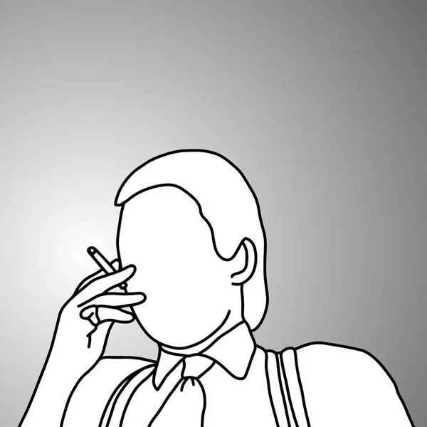 Gros plan homme d'affaires avec bretelles ou bretelles fumeur cigarette vecteur illustration croquis gribouille dessiné à la main avec des lignes noires isolées sur fond gris . — Image vectorielle