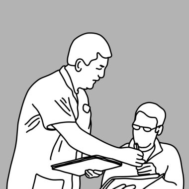 erkek doktor hasta izole gri arka plan üzerine siyah çizgili bir Onam belgesi vektör illüstrasyon kroki elle çizilmiş imza koymak istiyor