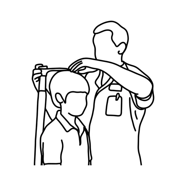 Doctor masculino midiendo la altura actual de su joven paciente masculino con ilustración vectorial de equipo bosquejo dibujado a mano con líneas negras, aislado sobre fondo blanco — Vector de stock