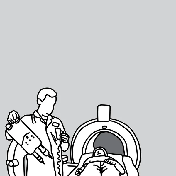 Médico preparando el escáner de resonancia magnética para el paciente con ilustración vectorial de copyspace bosquejo dibujado a mano con líneas negras, aislado sobre fondo blanco. Concepto médico . — Vector de stock