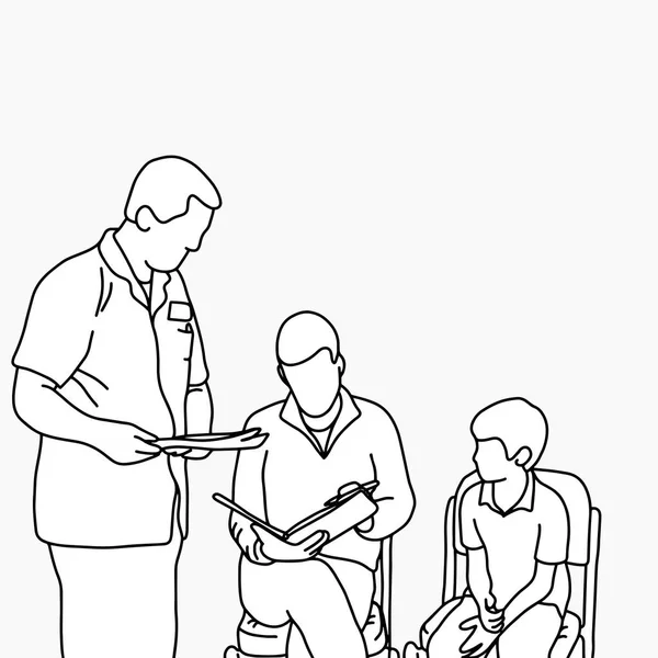 Чоловічий лікар з проханням батька поставити підпис на інформований документ згоди для своєї дитини Векторні ілюстрації Ескізна рука намальована чорними лініями, ізольована на сірому фоні — стоковий вектор